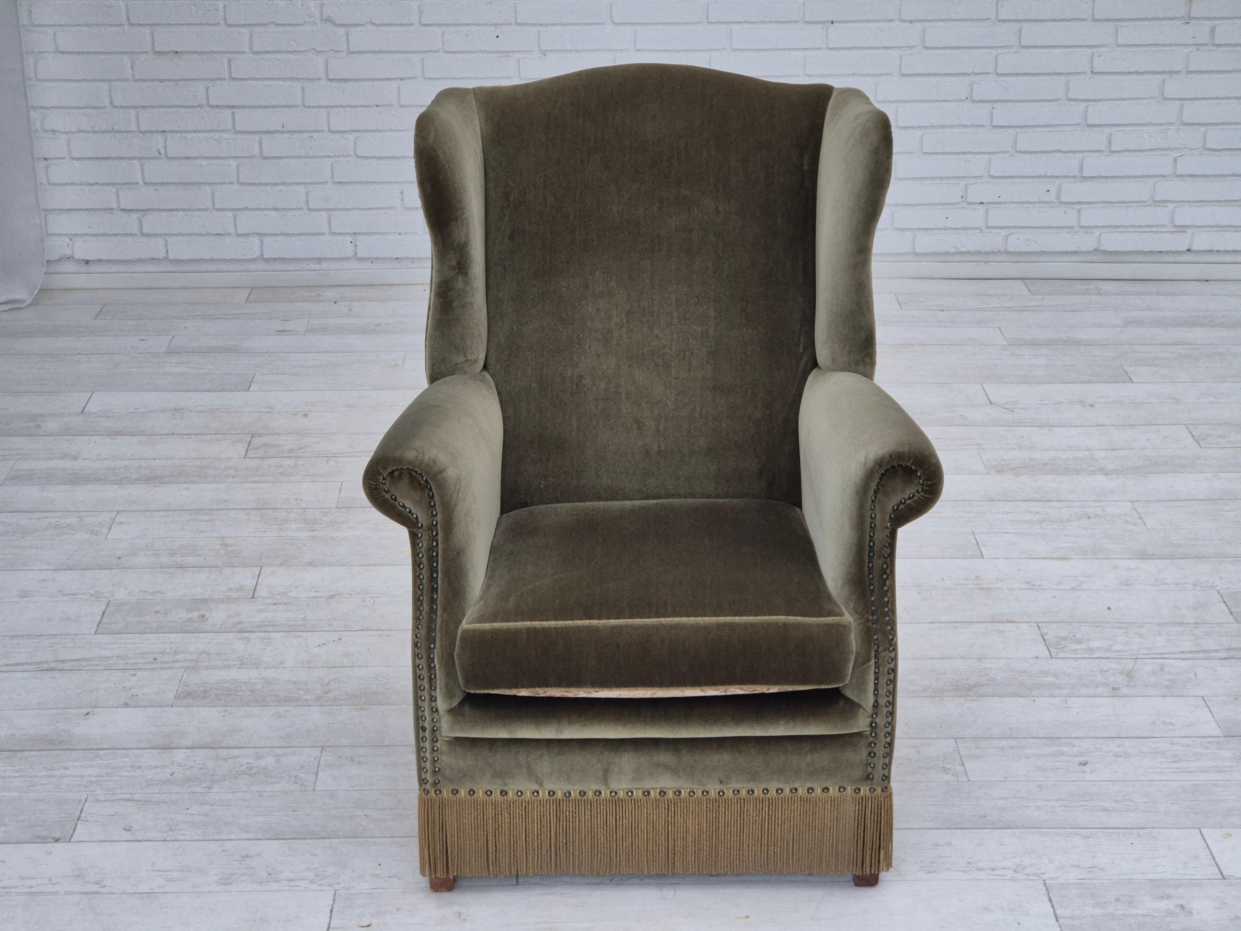 Scandinave moderne 1970, fauteuil danois à dossier haut, état d'origine, velours de meuble en vente