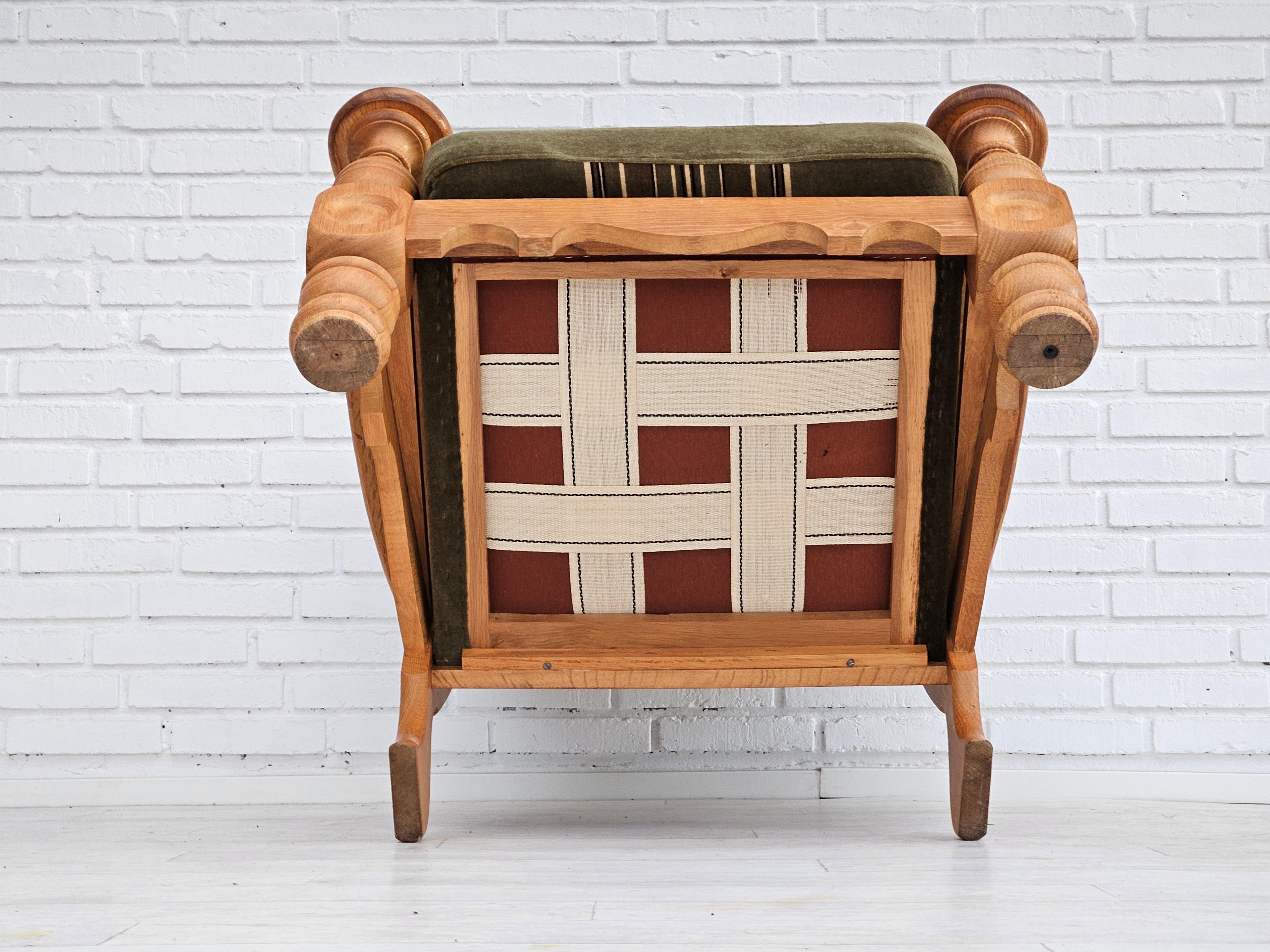 1970s, Danish highback armchair, original condition, velour, solid oak wood. For Sale 5