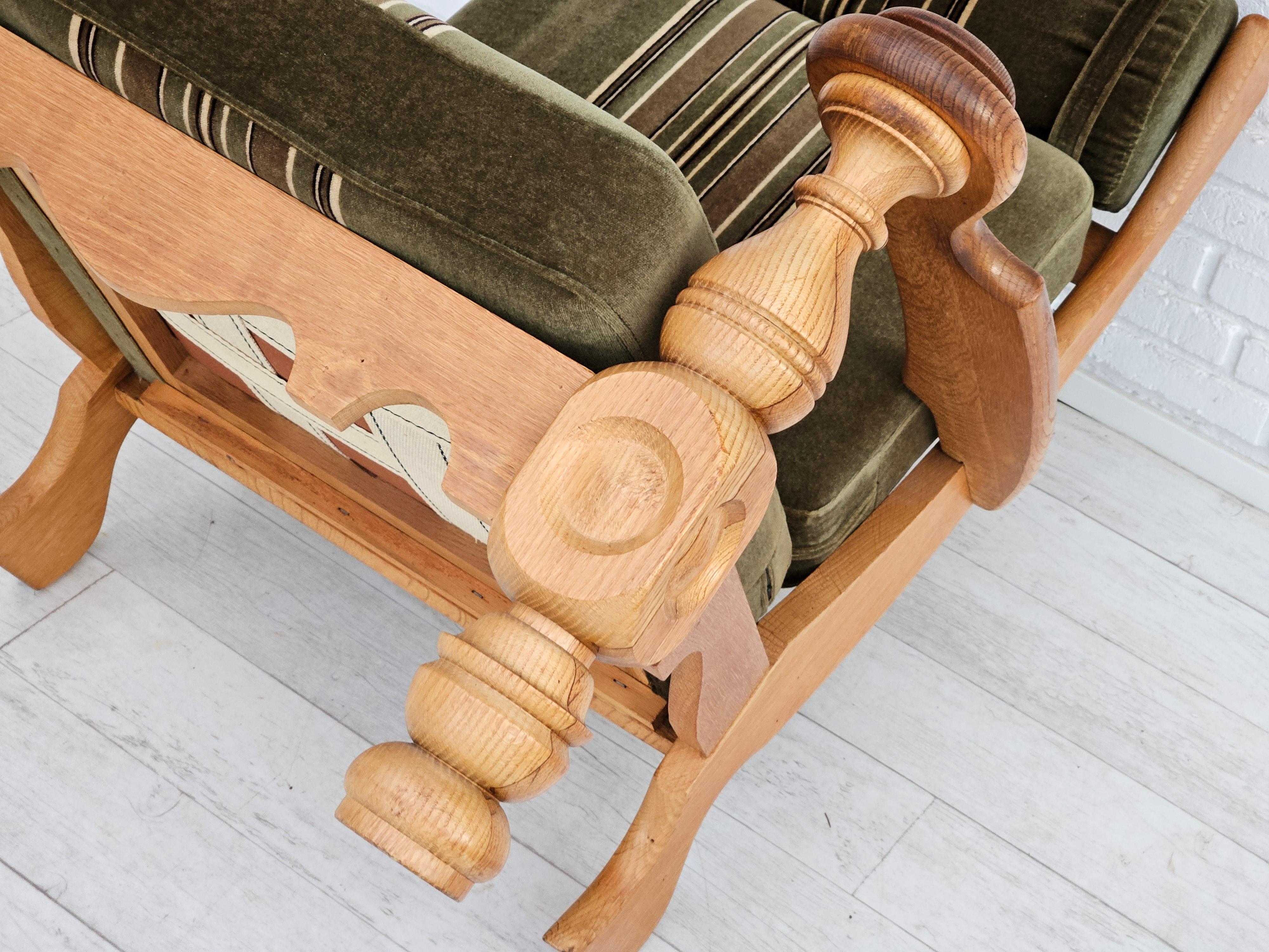 1970s, Danish highback armchair, original condition, velour, solid oak wood. For Sale 6