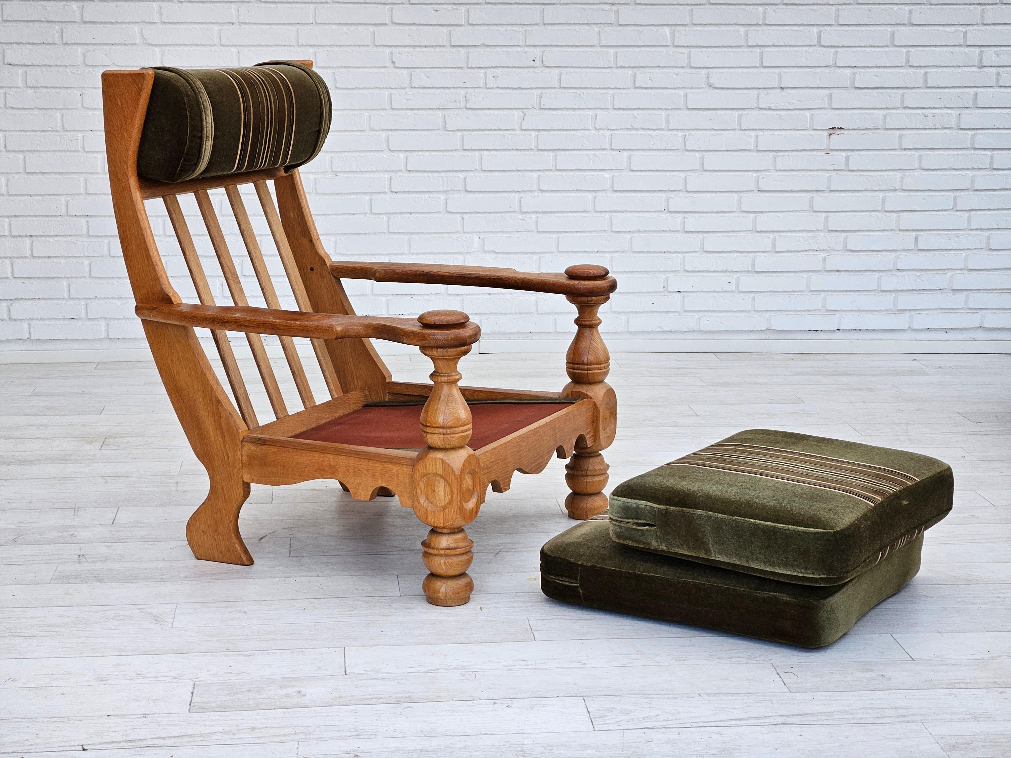 1970s, Danish highback armchair, original condition, velour, solid oak wood. For Sale 7
