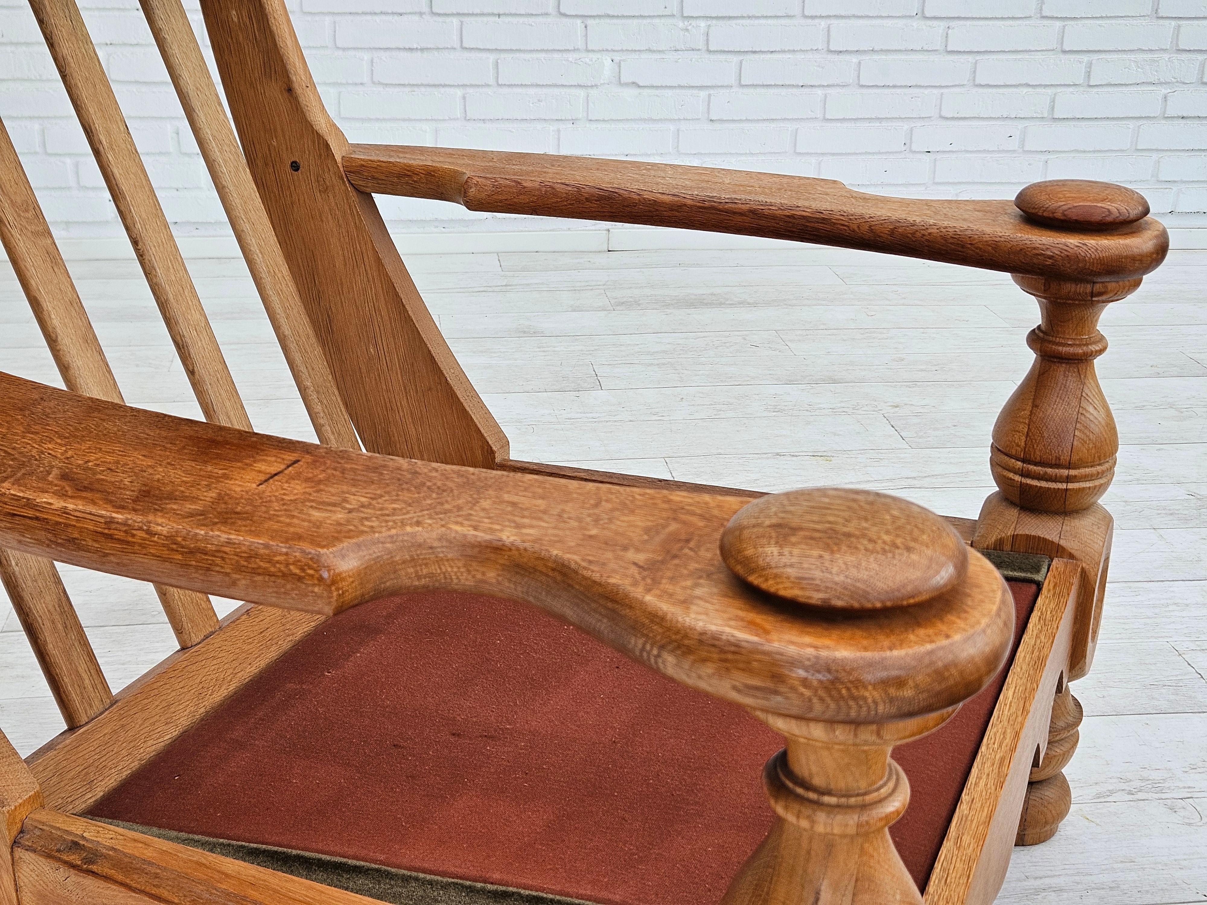 1970s, Danish highback armchair, original condition, velour, solid oak wood. For Sale 8