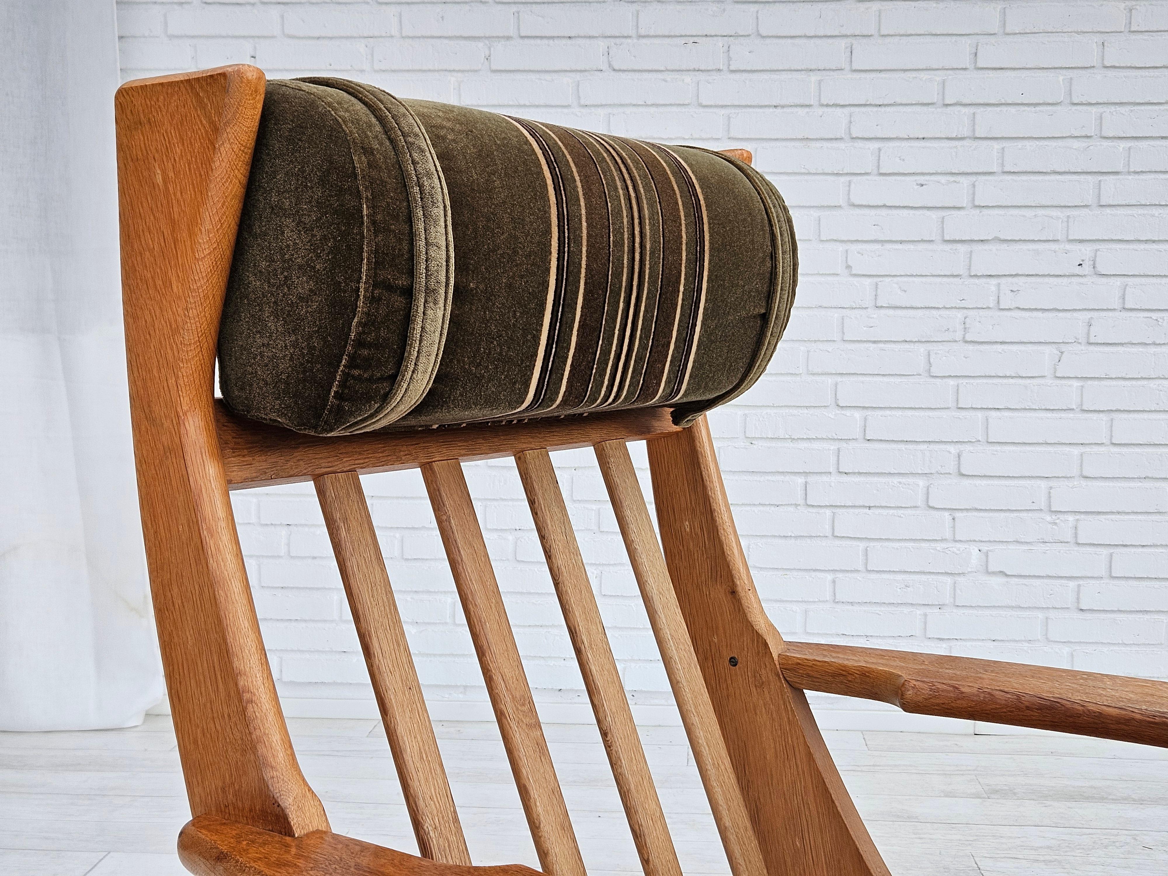 1970s, Danish highback armchair, original condition, velour, solid oak wood. For Sale 9