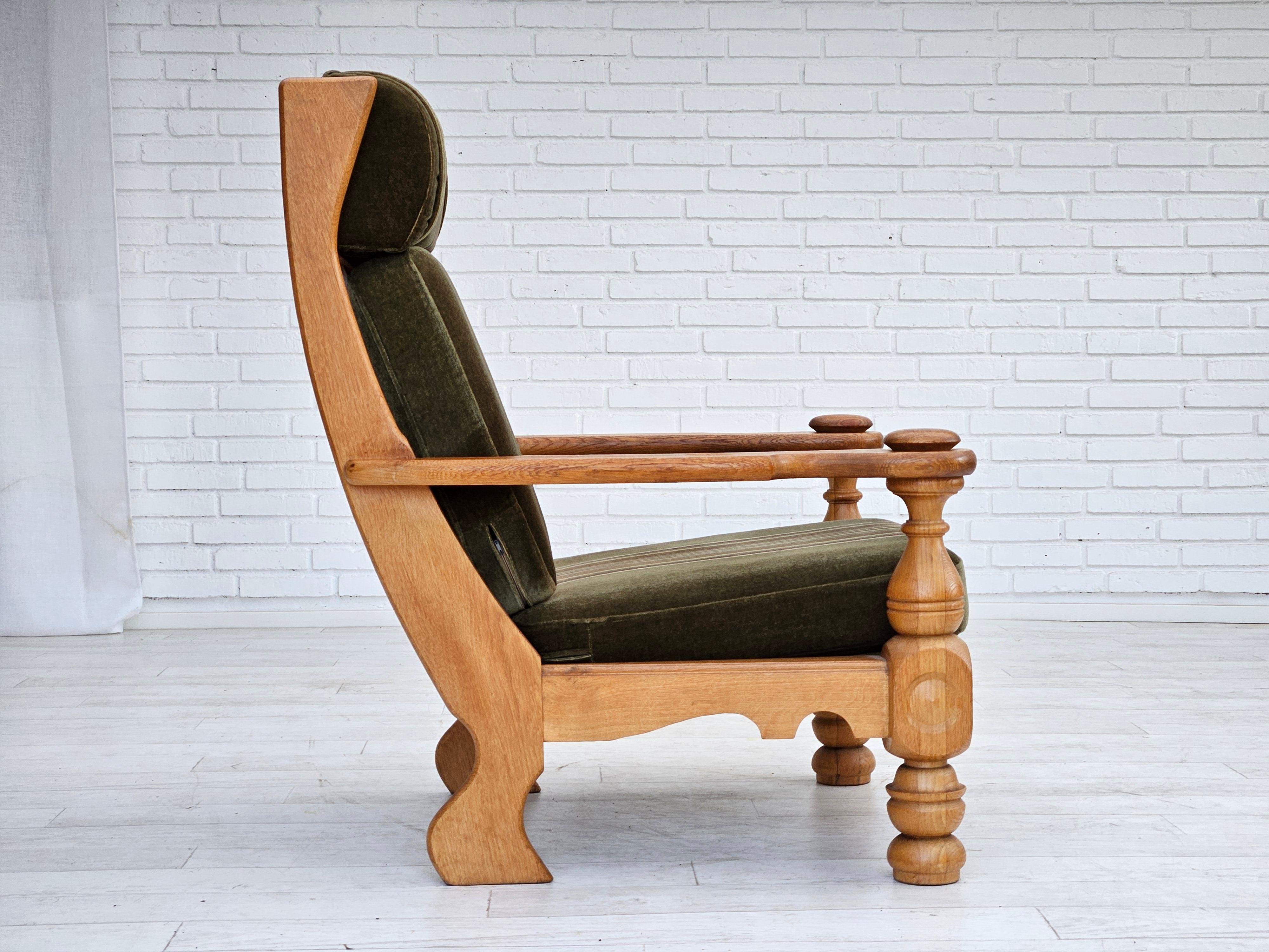 Late 20th Century 1970s, Danish highback armchair, original condition, velour, solid oak wood. For Sale
