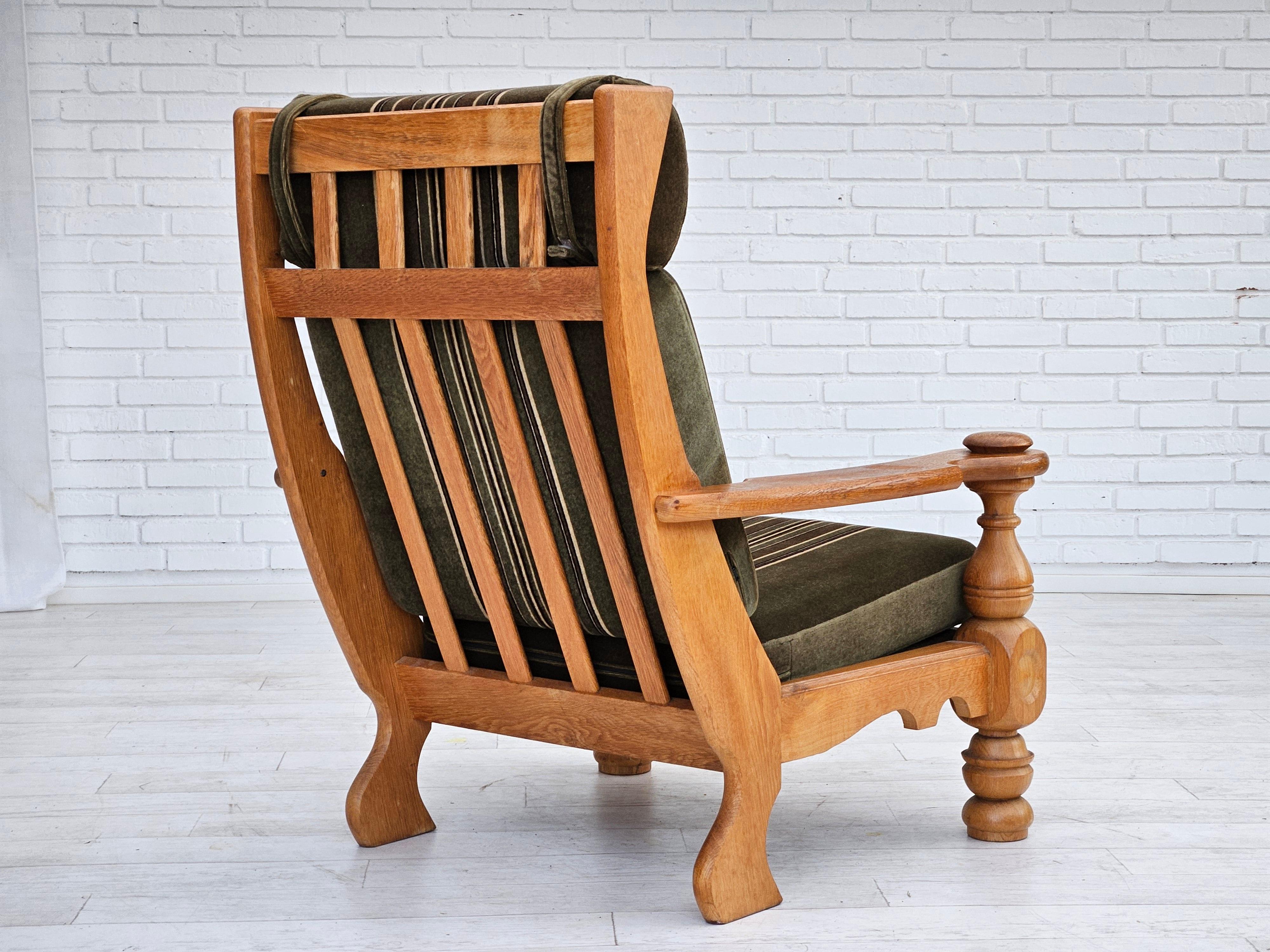 Fabric 1970s, Danish highback armchair, original condition, velour, solid oak wood. For Sale