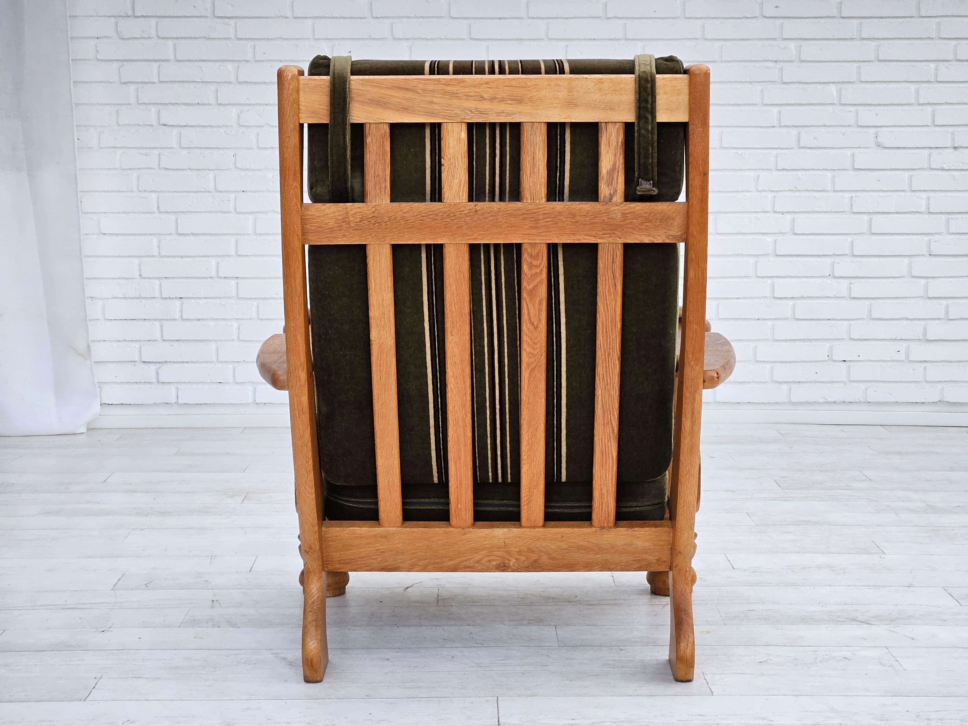 1970s, Danish highback armchair, original condition, velour, solid oak wood. For Sale 1