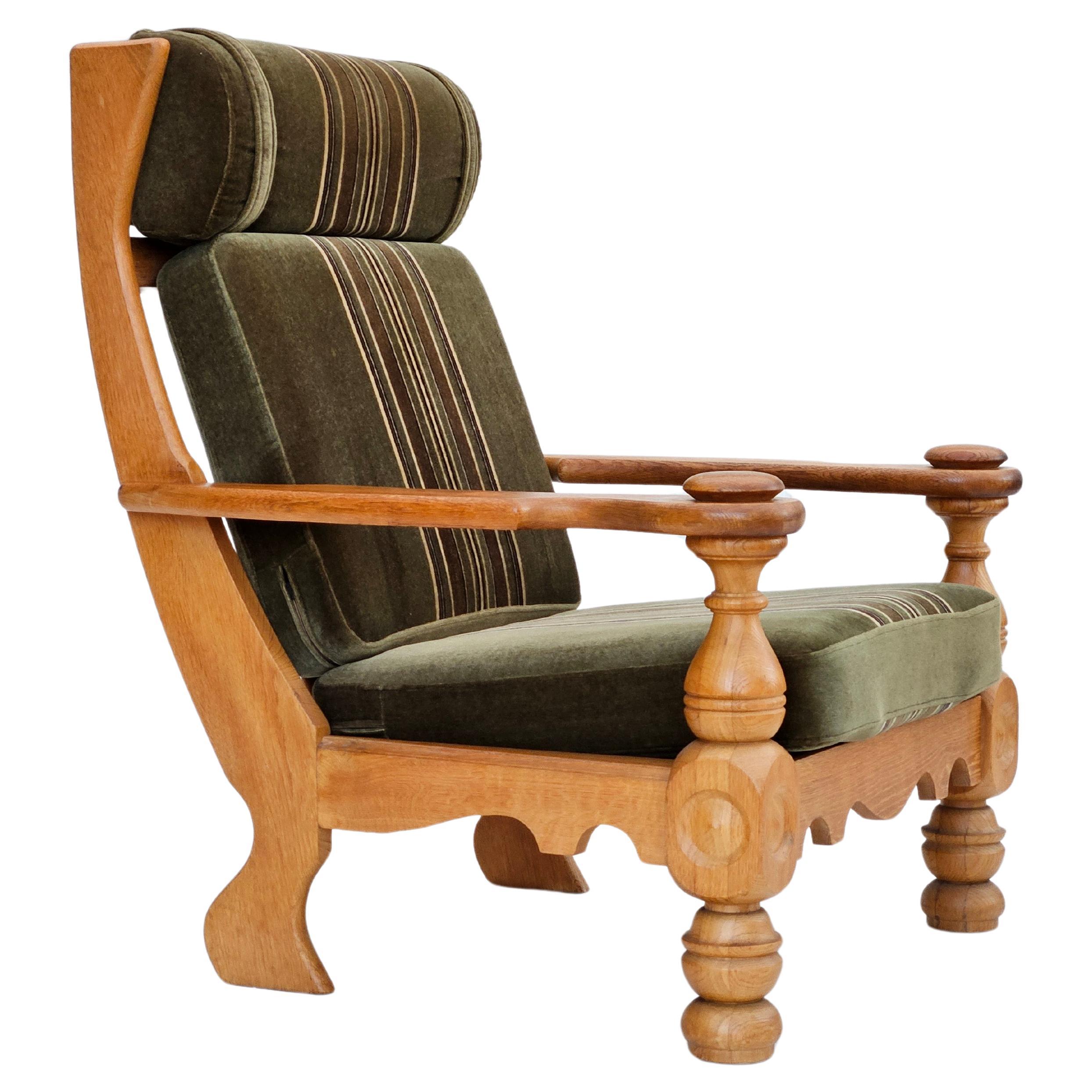 1970s, Danish highback armchair, original condition, velour, solid oak wood. For Sale