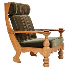 Vintage 1970s, Danish highback armchair, original condition, velour, solid oak wood.