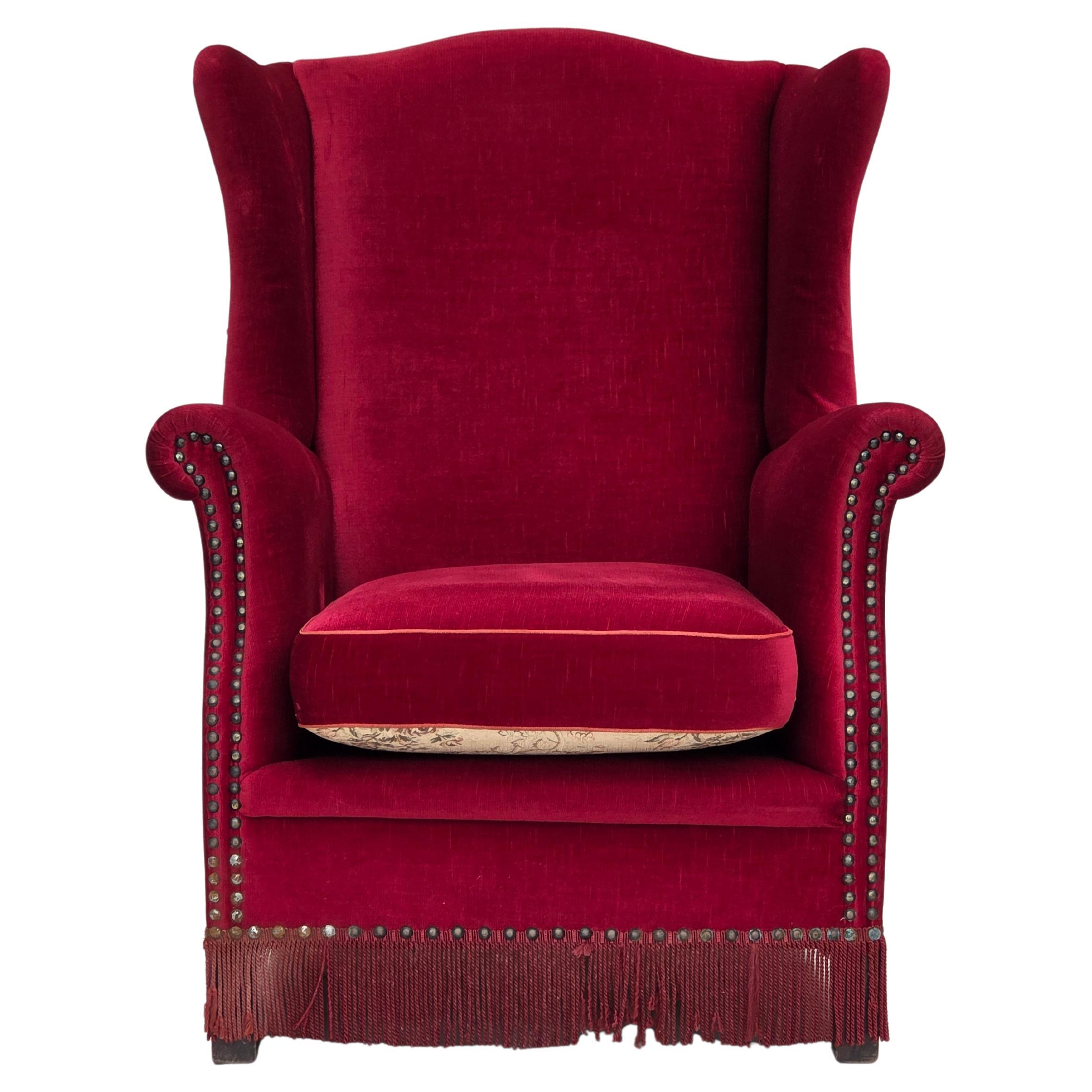 1970s, Danish highback armchair, red furniture velour, ash wood.