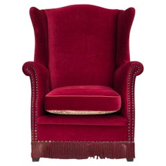 1970s, Danish highback armchair, red furniture velour, ash wood.