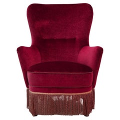 1970s, Danish highback armchair, red furniture velour, beech wood. 1970s, Danish highback armchair, red furniture velour, beech wood.