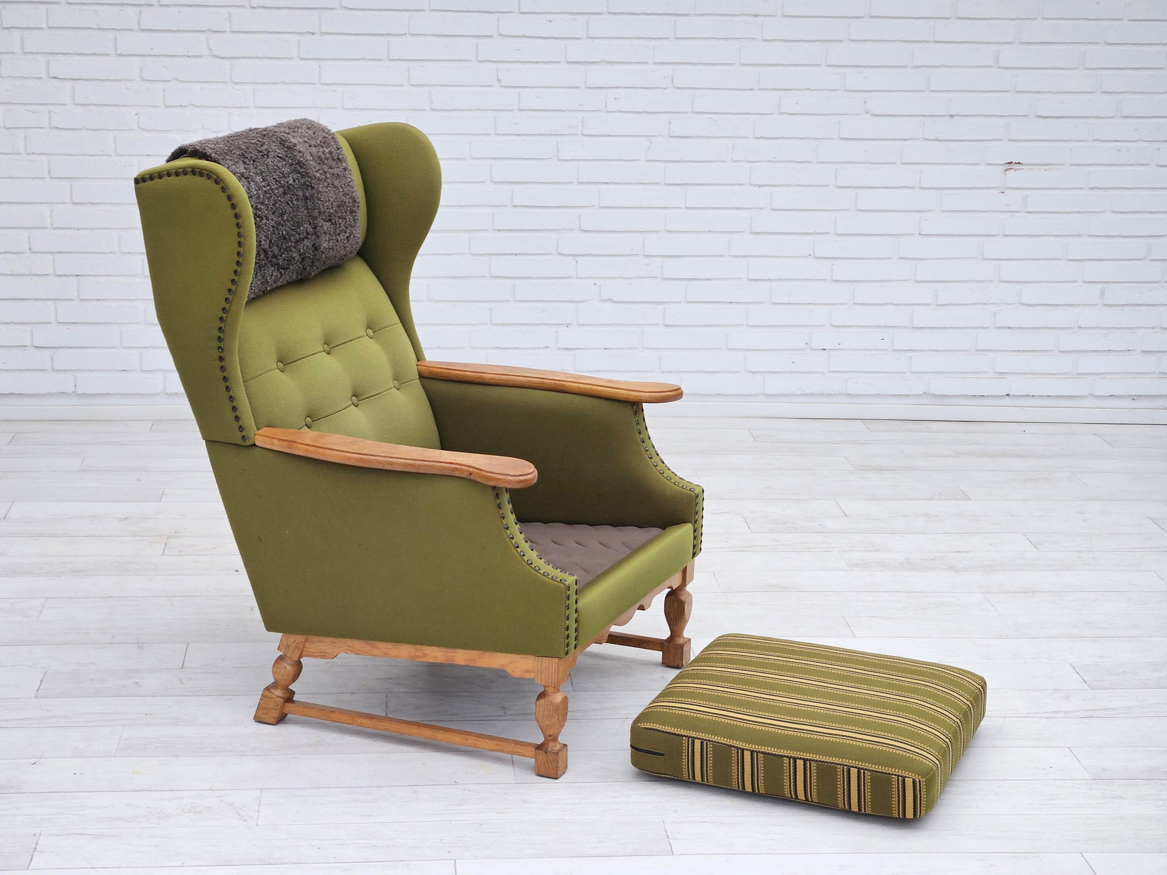1970, fauteuil danois à dossier haut, laine, chêne, original en très bon état. en vente 6