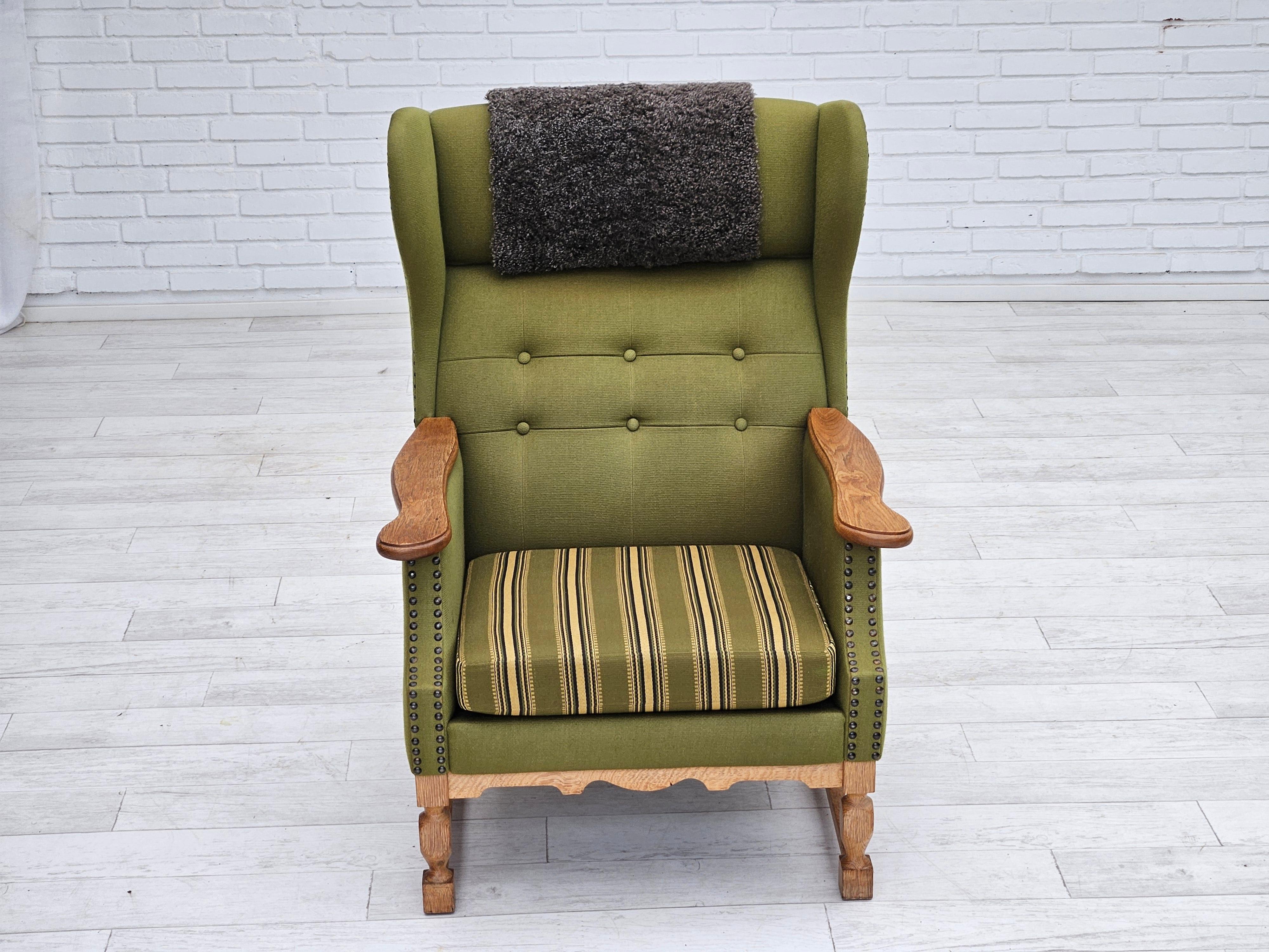 Scandinavian Modern 1970s, Danish highback armchair, wool, oak, original very good condition. For Sale