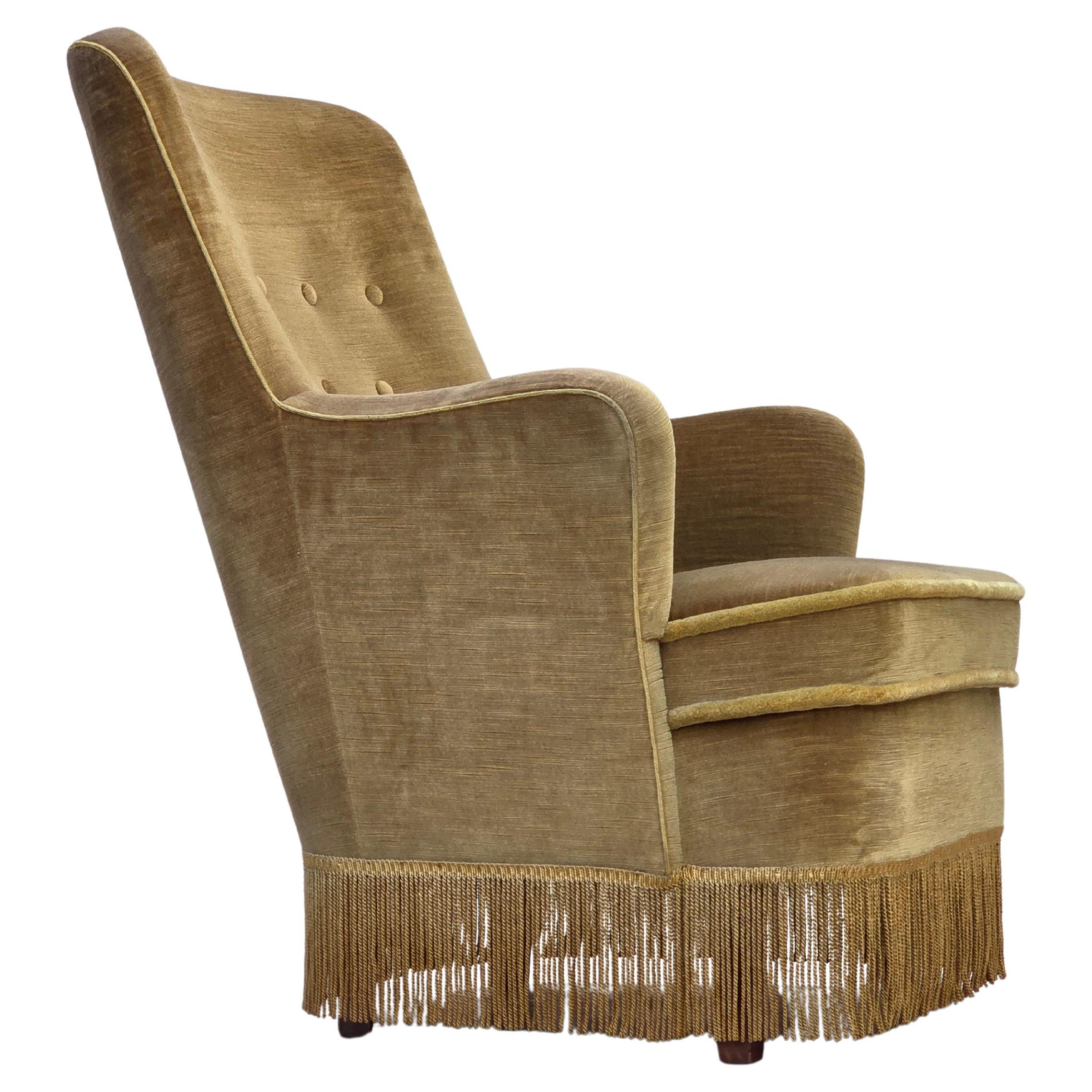1970s, Danish highback back armchair, original light green furniture velour.