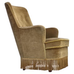 1970s, Danish highback back armchair, original light green furniture velour.