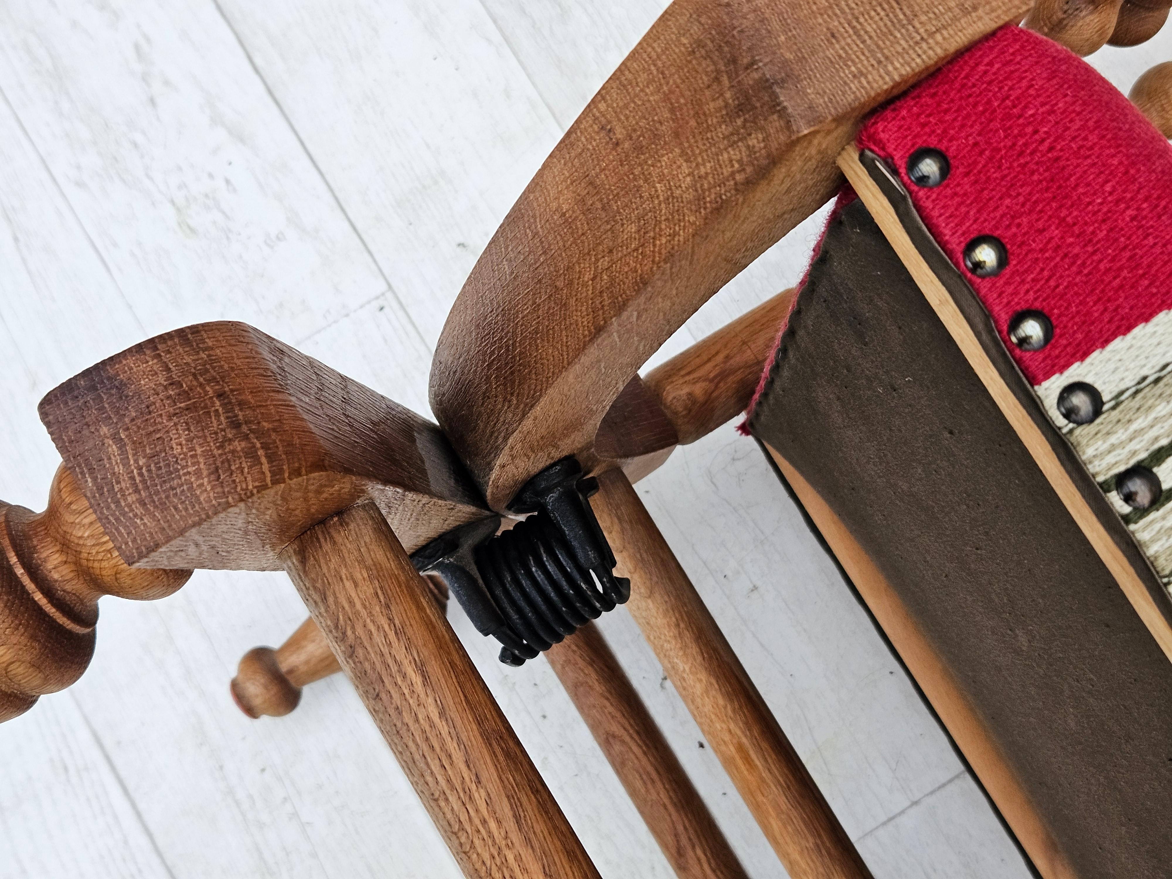 1970s, Danish highback rocking chair, oak wood, furniture wool, original. en vente 11
