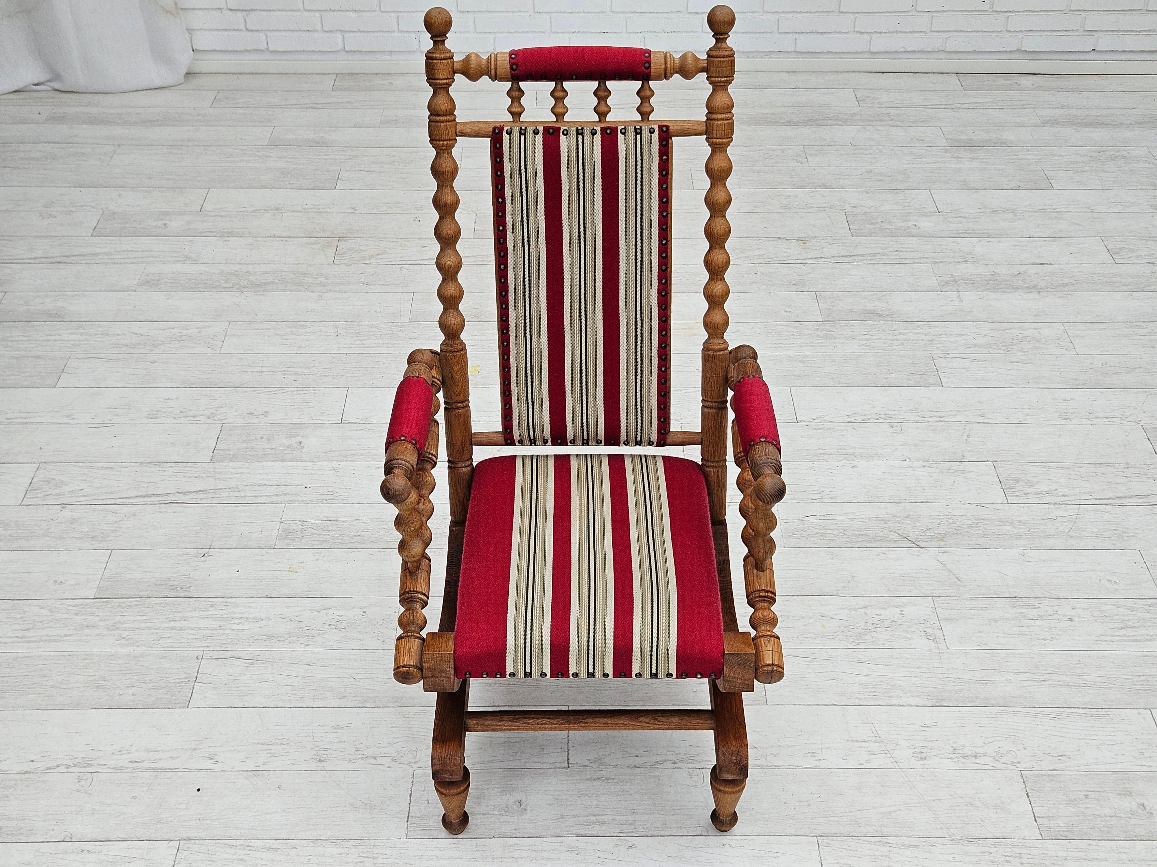 Scandinavian Modern 1970s, Danish highback rocking chair, oak wood, furniture wool, original. For Sale