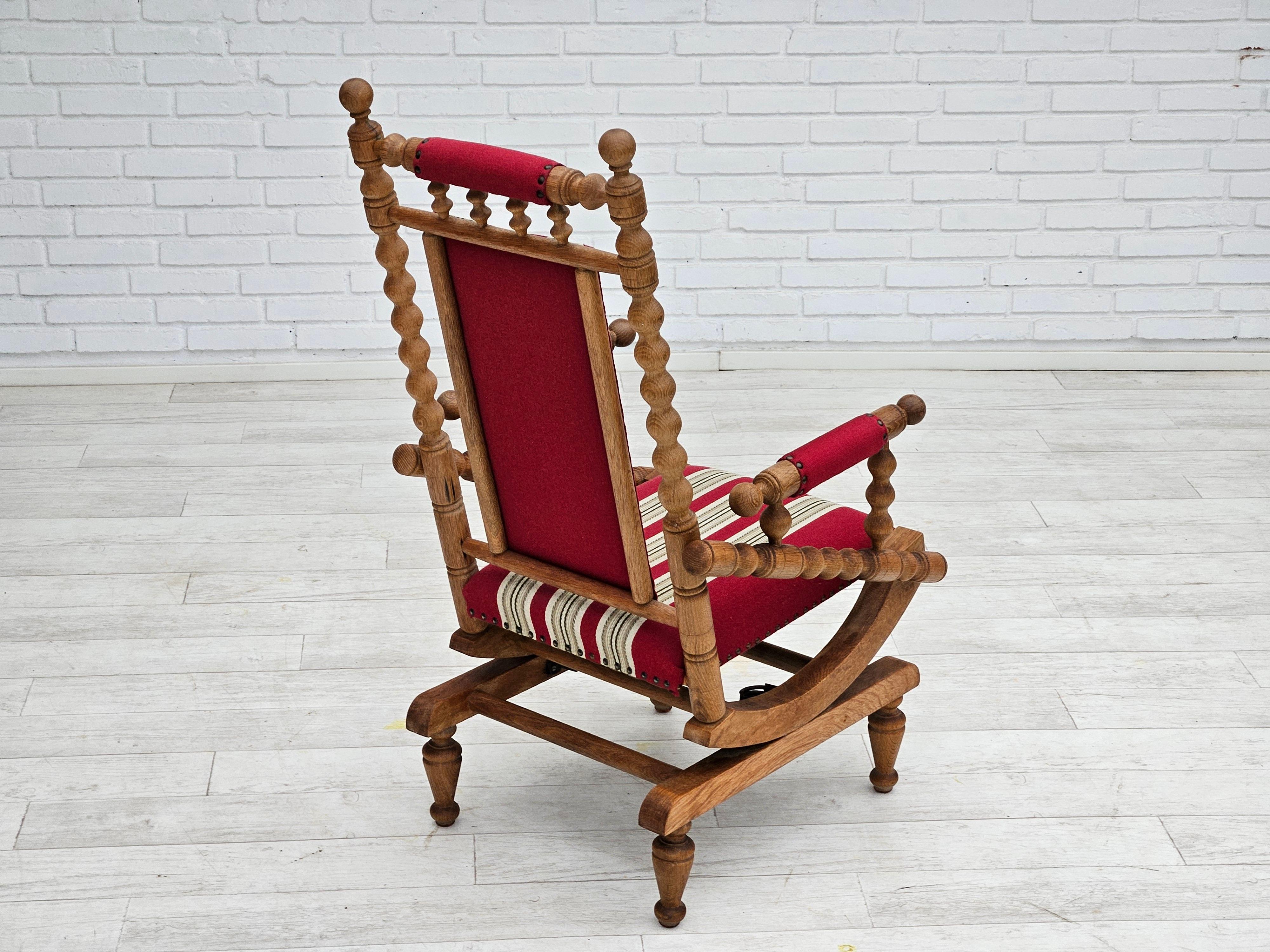 Mid-20th Century 1970s, Danish highback rocking chair, oak wood, furniture wool, original. For Sale