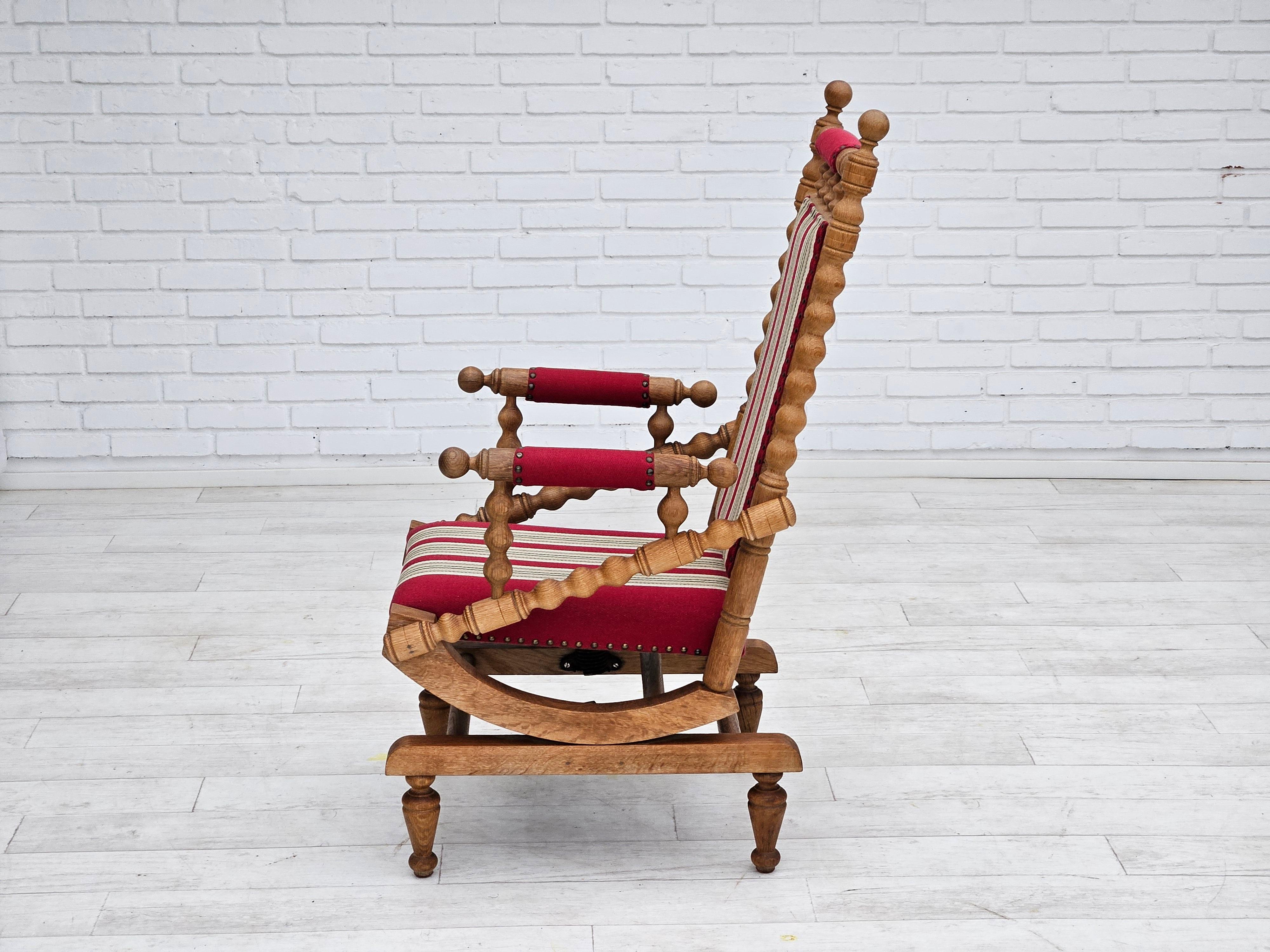 1970s, Danish highback rocking chair, oak wood, furniture wool, original. For Sale 1