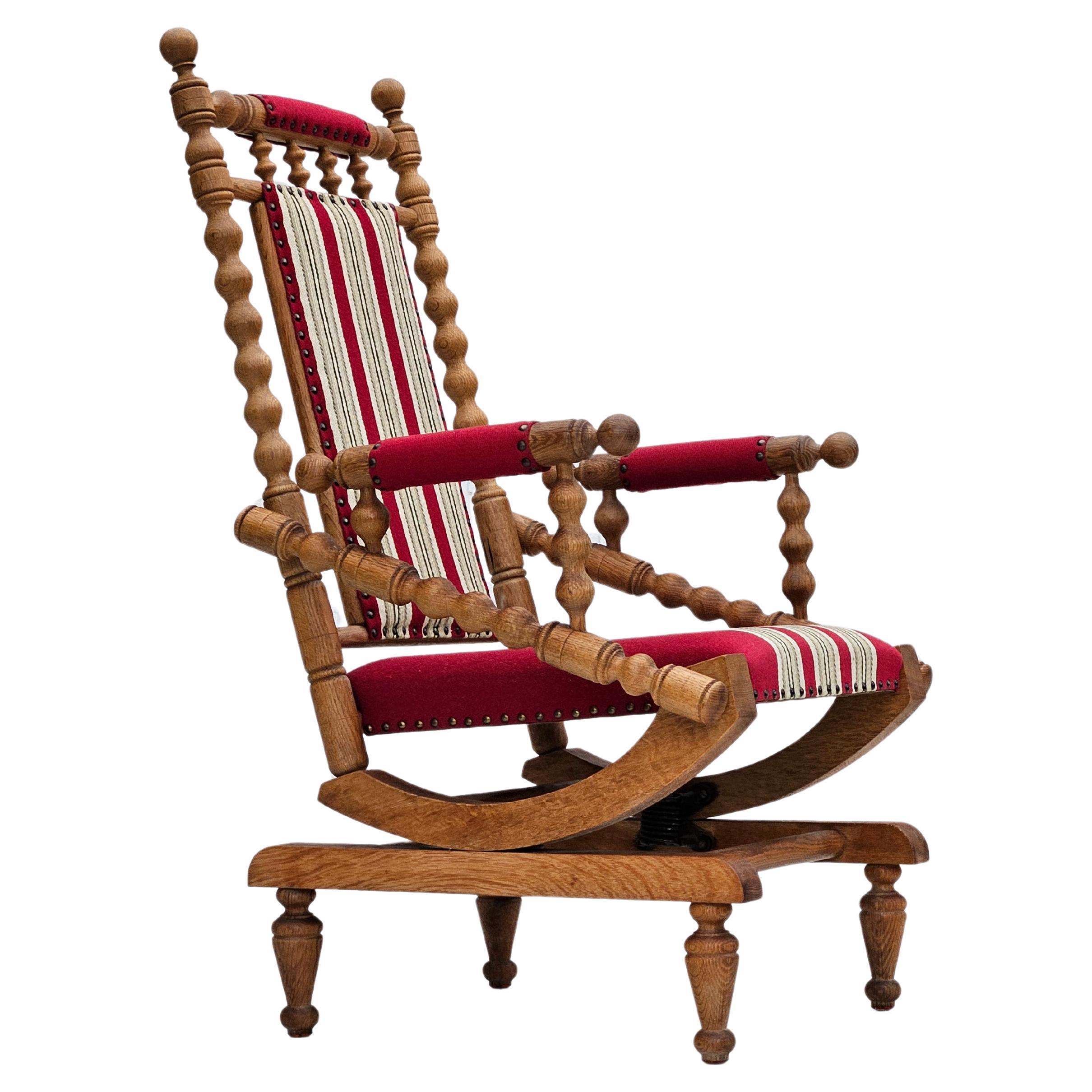 1970s, Danish highback rocking chair, oak wood, furniture wool, original. For Sale