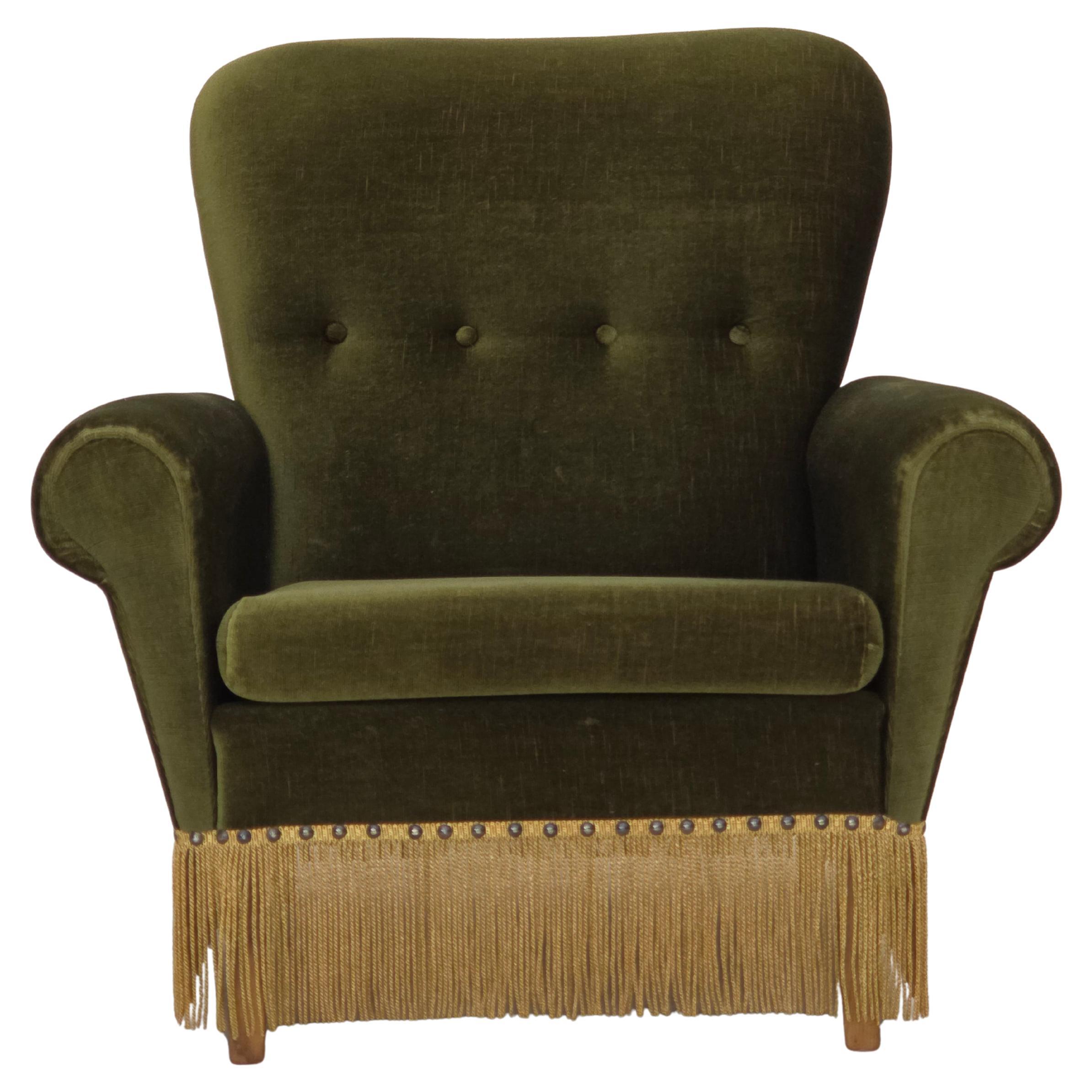 1970s, Danish lounge chair, high, furniture velour, ash wood legs.