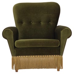 1970s, Danish lounge chair, high, furniture velour, ash wood legs.