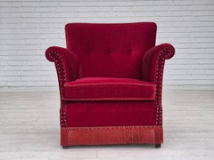 Dänischer Loungesessel, Originalzustand, 1970er Jahre, cherryroter Samtstoff.