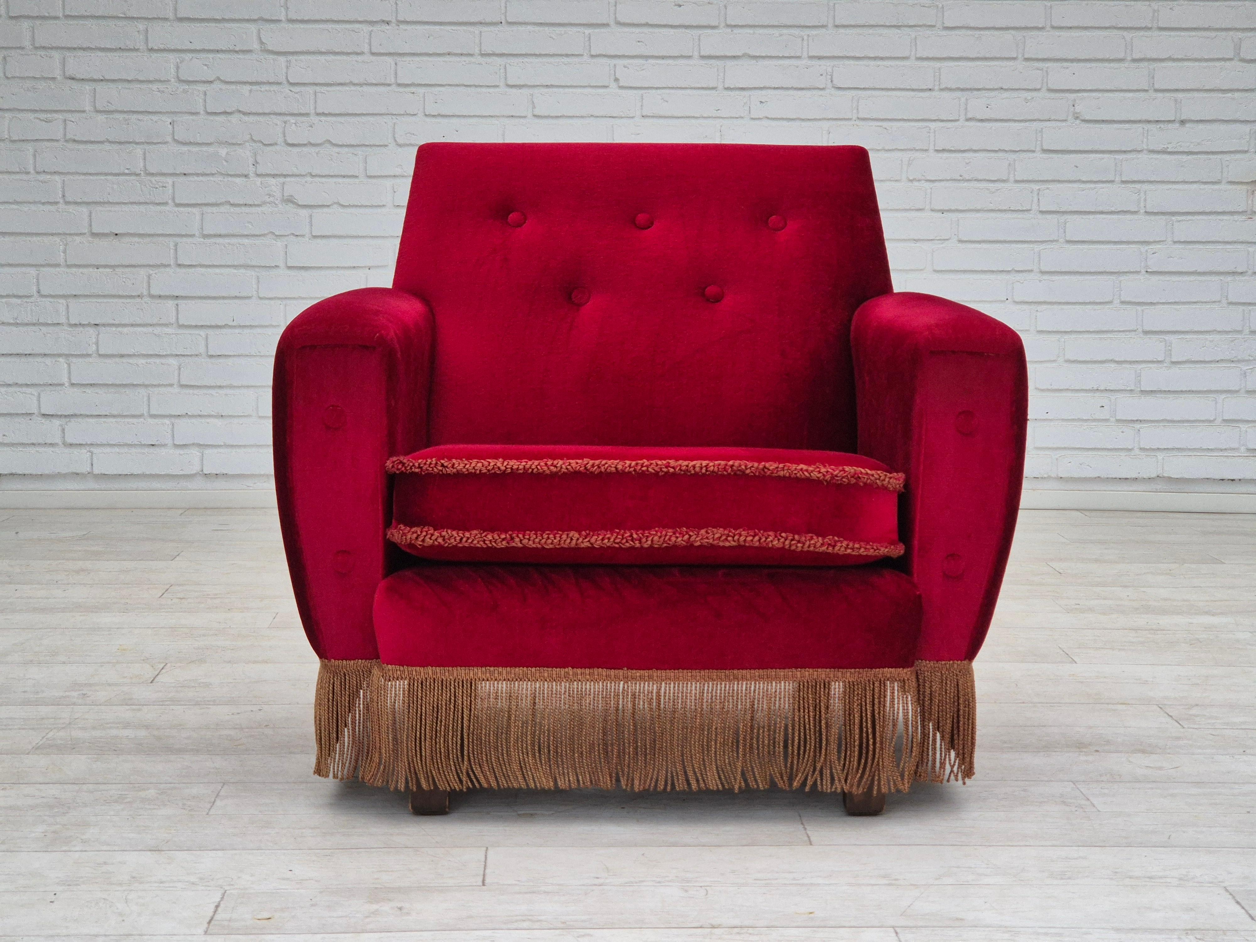 Scandinavian Modern 1970s, Danish lounge chair, original condition, cherry-red velour fabric. For Sale