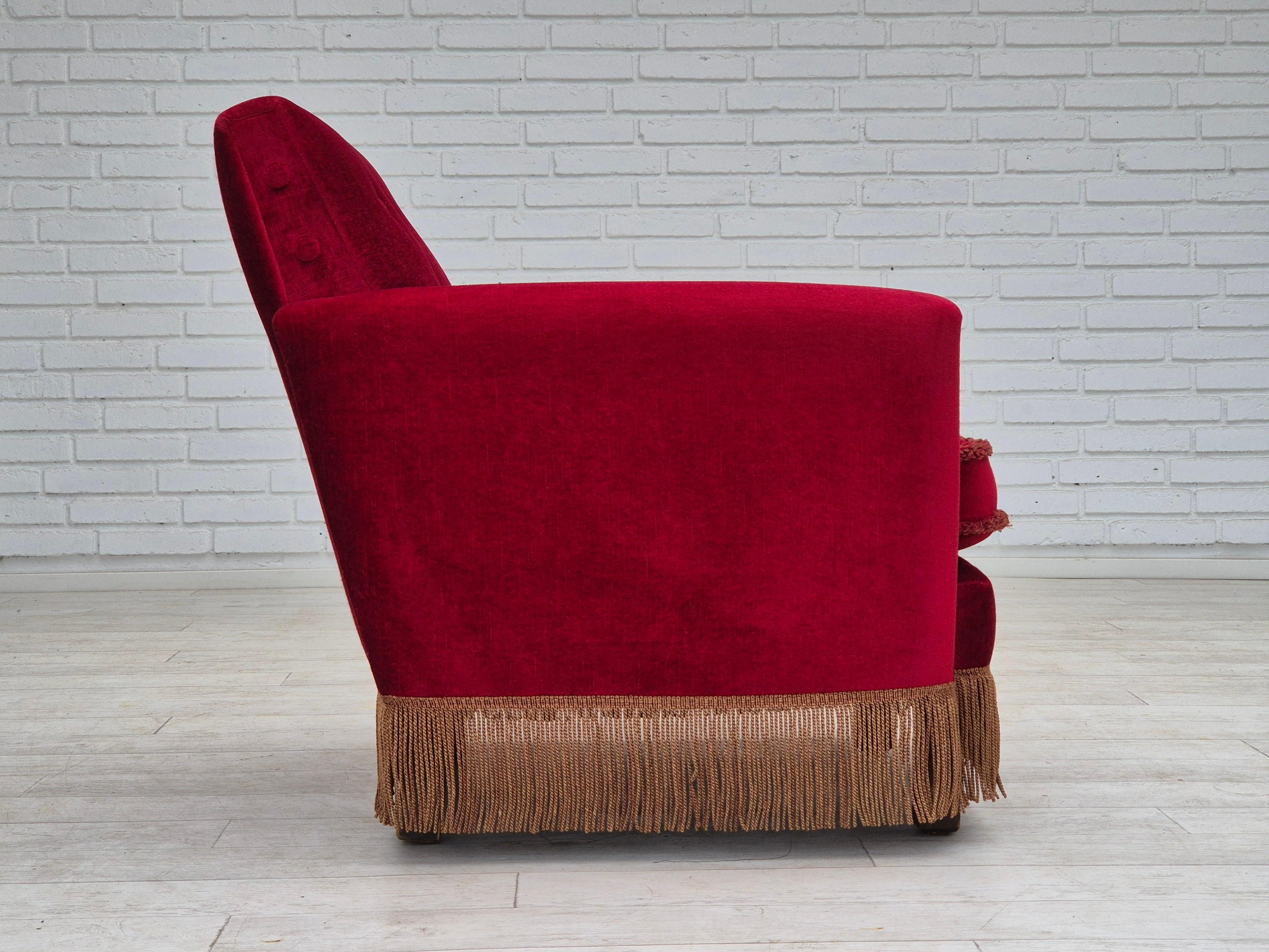 Late 20th Century 1970s, Danish lounge chair, original condition, cherry-red velour fabric. For Sale