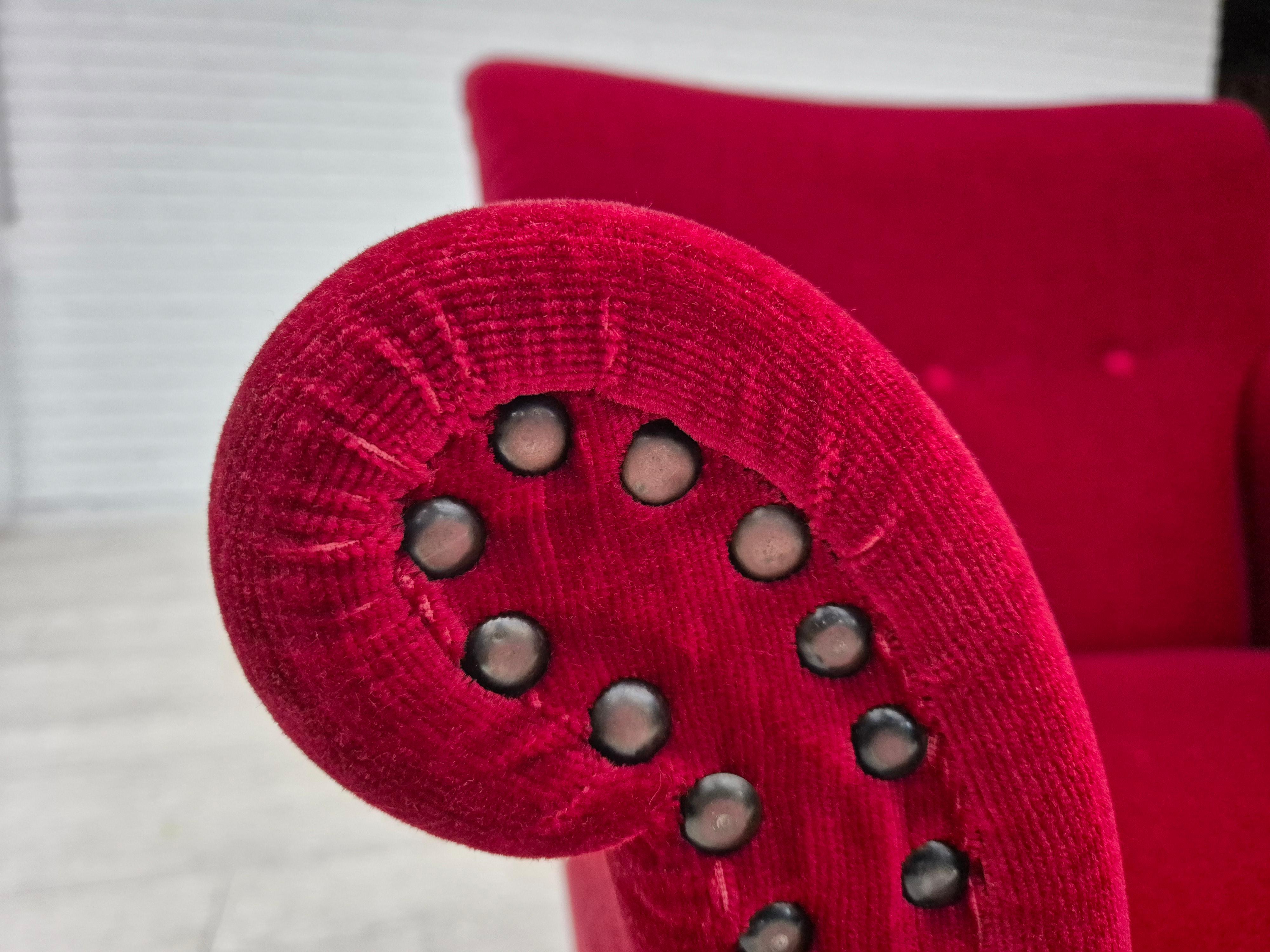 Mid-20th Century 1970s, Danish lounge chair, original condition, cherry-red velour fabric. For Sale
