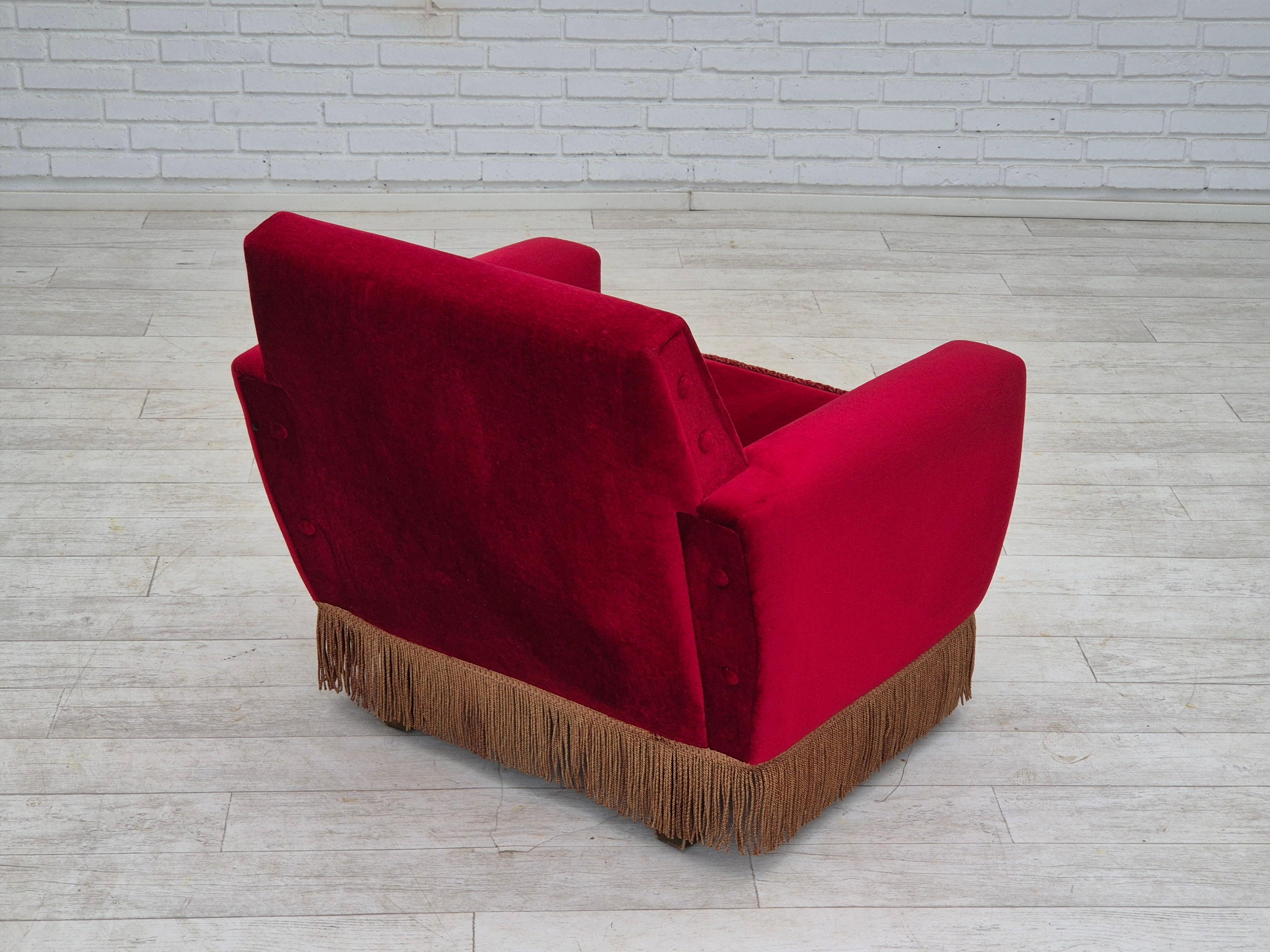 1970s, Danish lounge chair, original condition, cherry-red velour fabric. For Sale 1