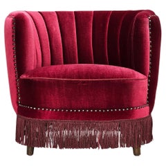 1970s, Danish lounge chair, original condition, cherry-red velour fabric.