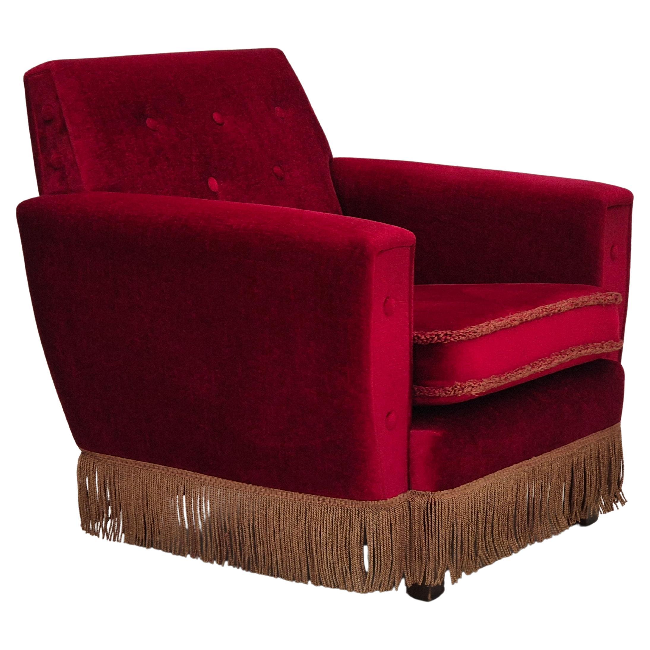 1970s, Danish lounge chair, original condition, cherry-red velour fabric.