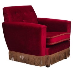 1970s, Danish lounge chair, original condition, cherry-red velour fabric.