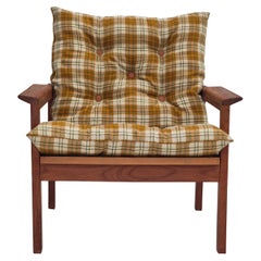 Fauteuil de salon danois des années 1970, état d'origine, tissu de laine de meuble, bois de teck