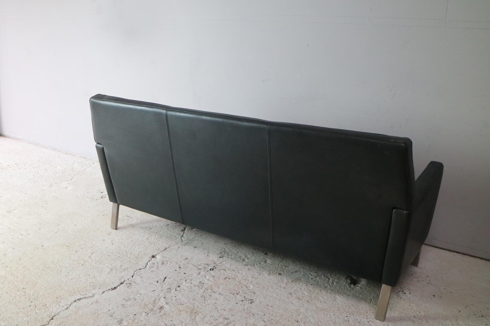 Mid-Century Modern 1970s Danish Midcentury Leather Sofa with Brushed Steel Legs For Sale