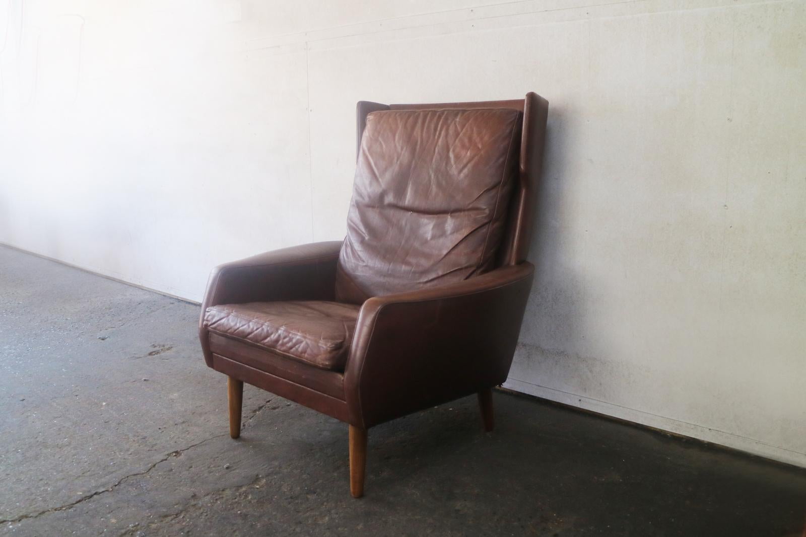 Mid-Century Modern 1970s Danish Midcentury Brown Leather High Back Armchair