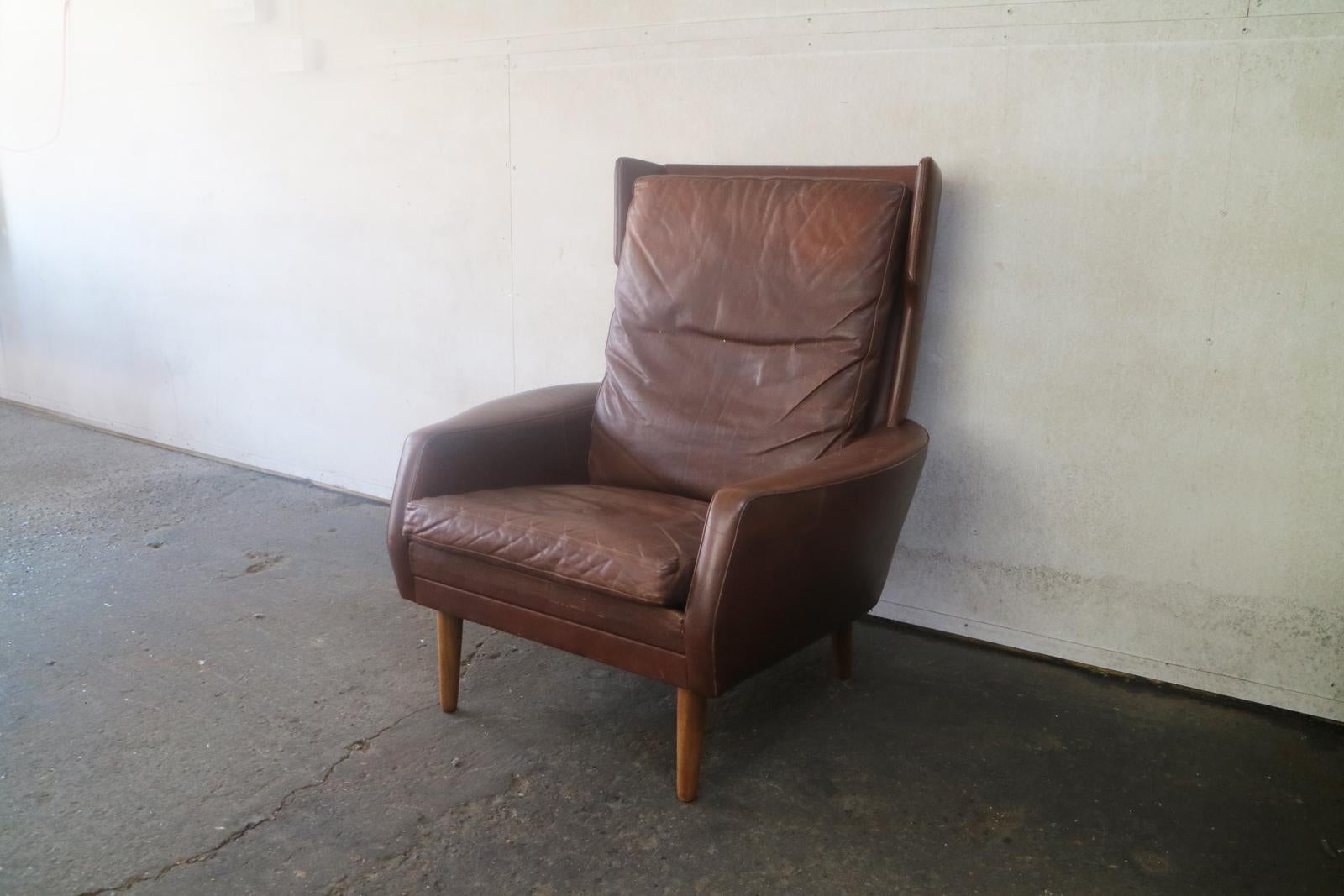Turned 1970s Danish Midcentury Brown Leather High Back Armchair