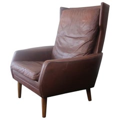 1970s Danish Midcentury Brown Leather High Back Armchair
