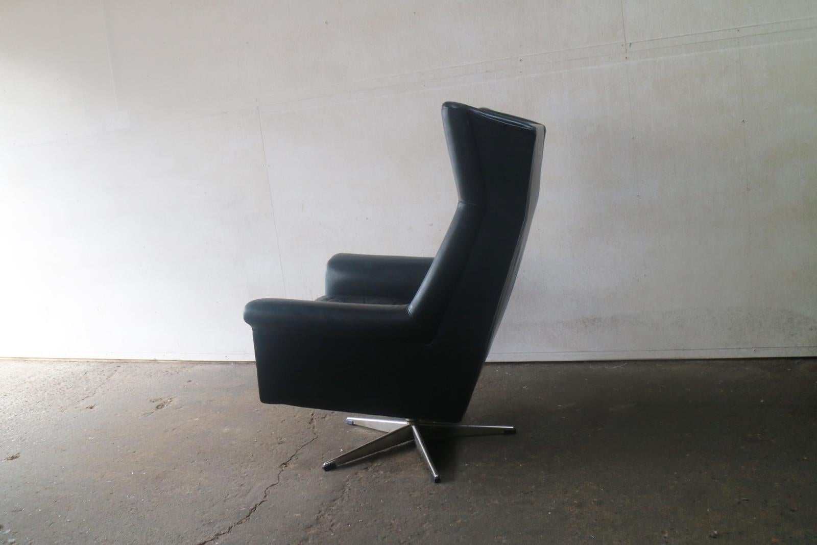 Plated 1970s Danish Midcentury High Back Leather Armchair For Sale