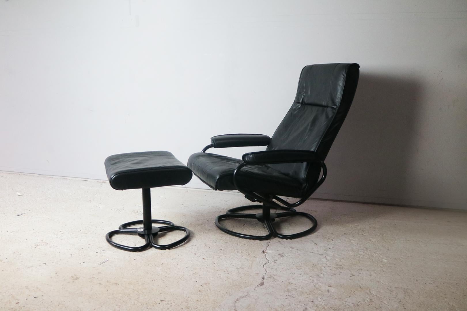 Mid-Century Modern 1970s Danish Midcentury Leather Lounge Chair and Footstool For Sale