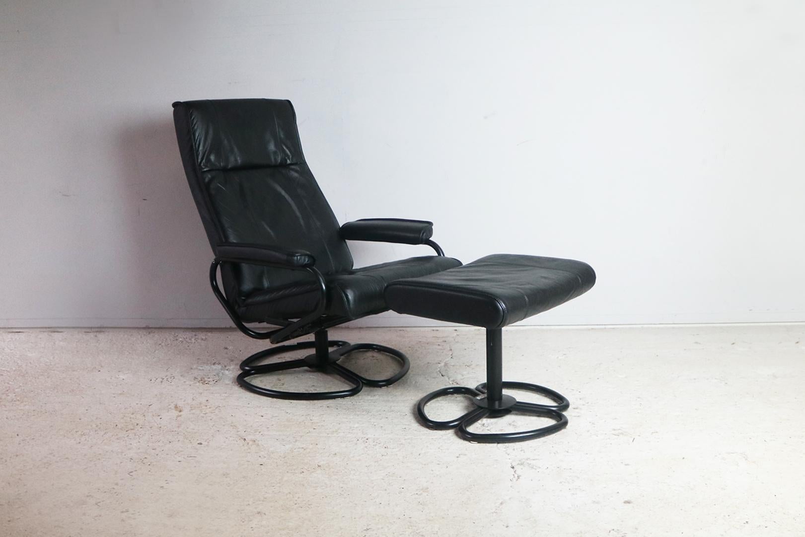 Late 20th Century 1970s Danish Midcentury Leather Lounge Chair and Footstool For Sale