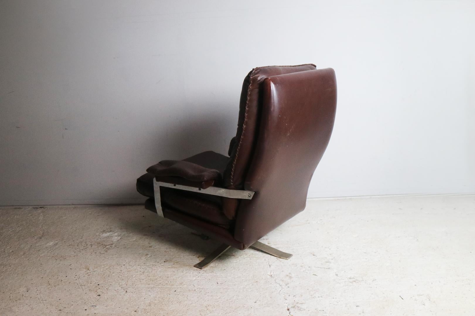 Plated 1970s Danish Midcentury Leather Reclining Lounge Chair For Sale