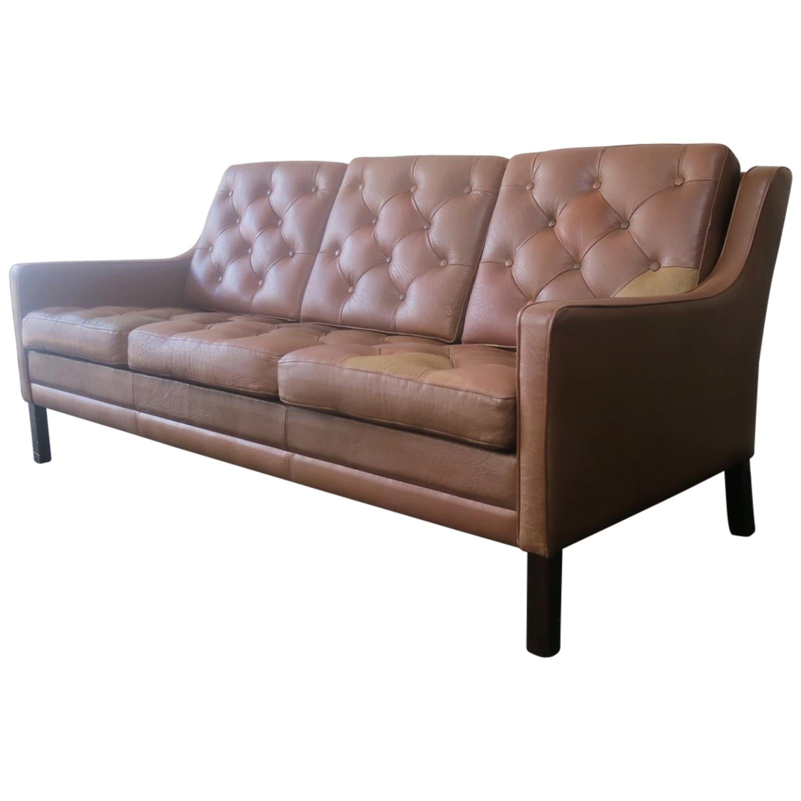 1970s Danish Midcentury Leather Sofa in the Style of Borge Mogensen