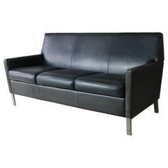1970s Danish Midcentury Leather Sofa with Brushed Steel Legs