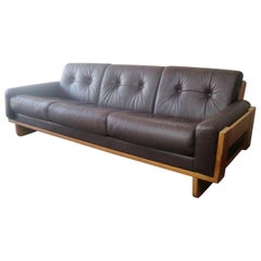 1970s Danish Midcentury Leather Sofa with Oak Frame