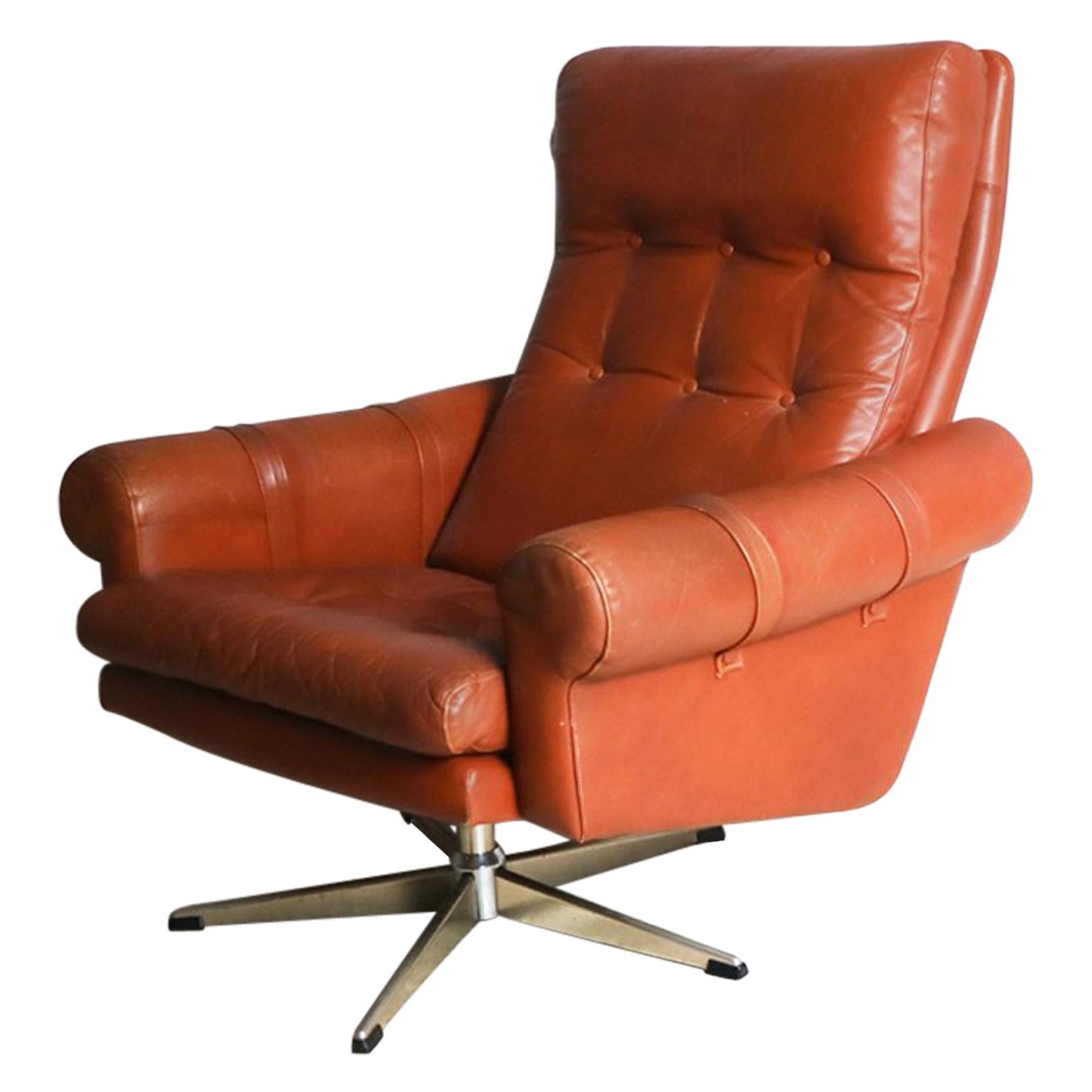 1970s Danish Midcentury Leather Swivel Armchair For Sale
