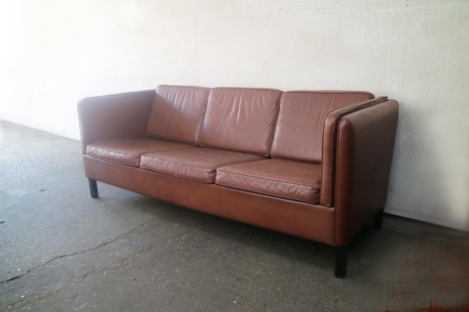 Mid-Century Modern 1970s Danish Midcentury Leather Three-Seat Sofa For Sale