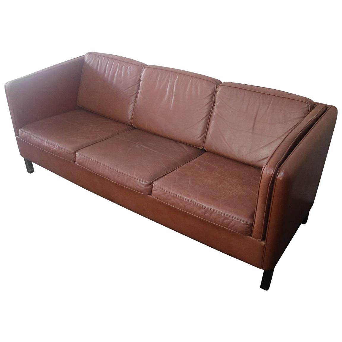 1970s Danish Midcentury Leather Three-Seat Sofa For Sale