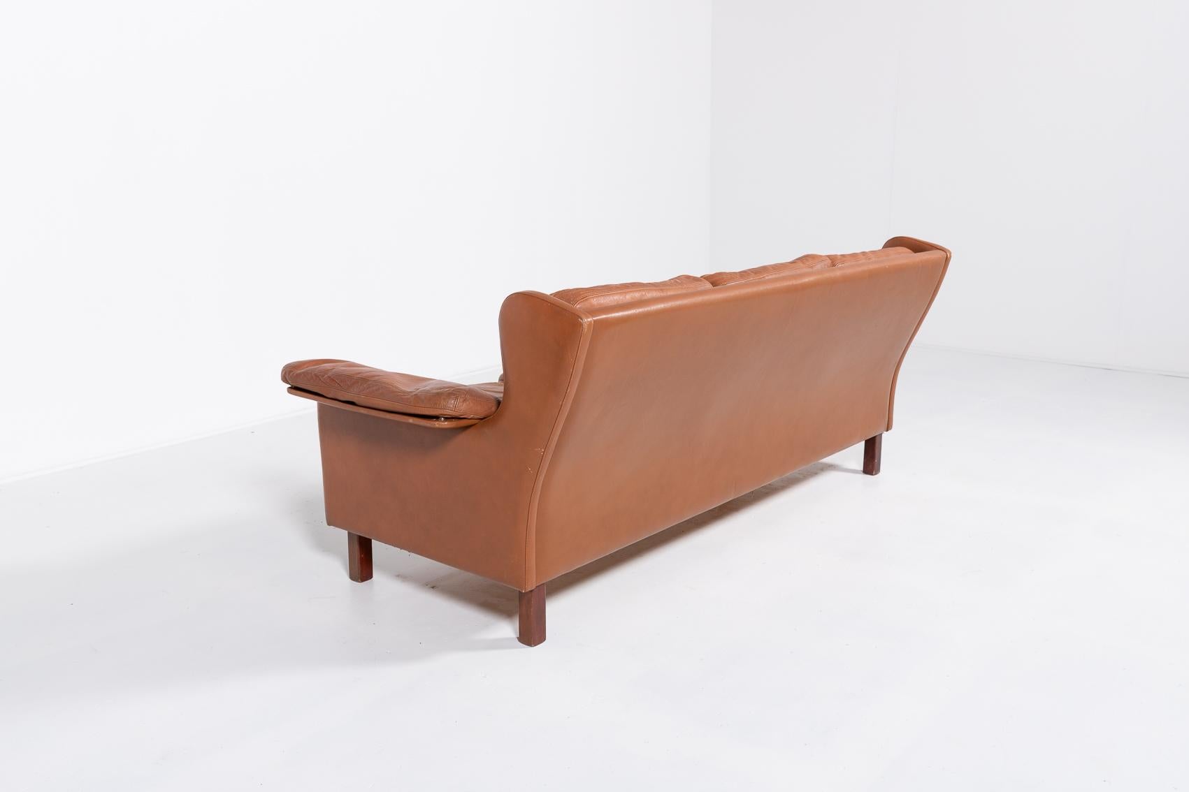 1970’s Danish Modern cognac leather Wing sofa For Sale 3