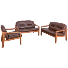 1970s Danish Modern Leather Sofas and Armchair, Set of Three